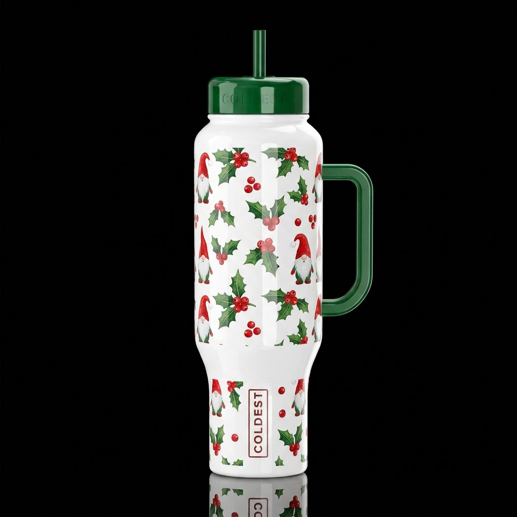 Santa gnomes holly with holy berries on a white ba... water bottle design