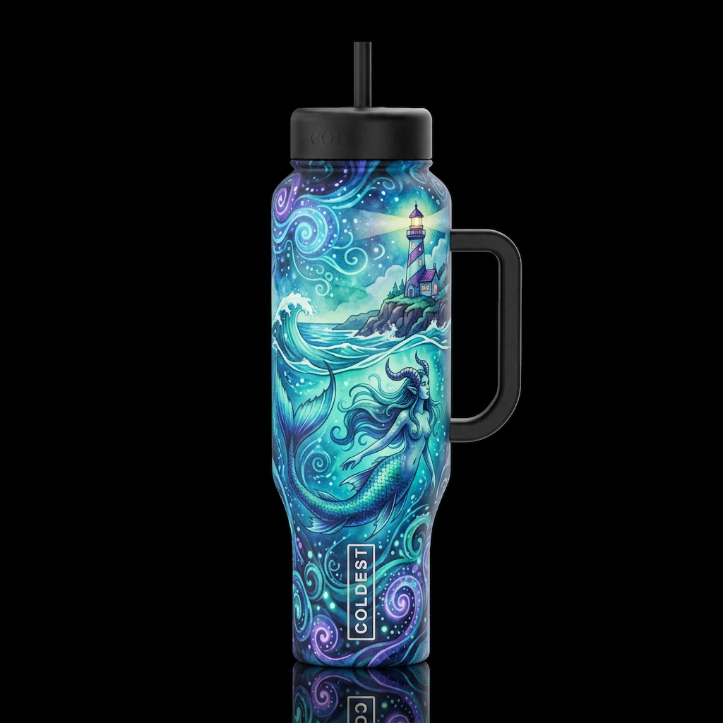 leviathan mermaid, fantasy, magical, waves light h... water bottle design