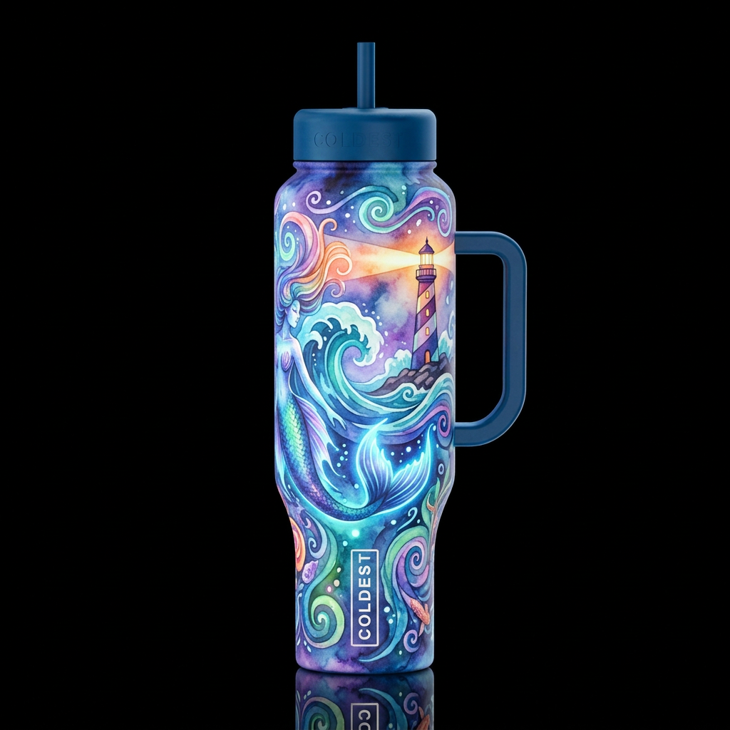 leviathan mermaid, fantasy, magical, waves light h... water bottle design