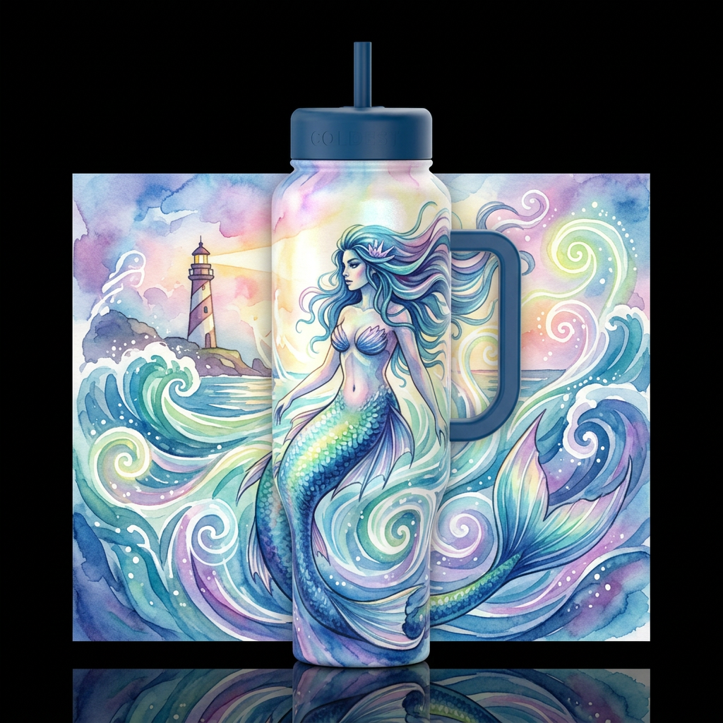leviathan mermaid, fantasy, magical, waves light h... water bottle design