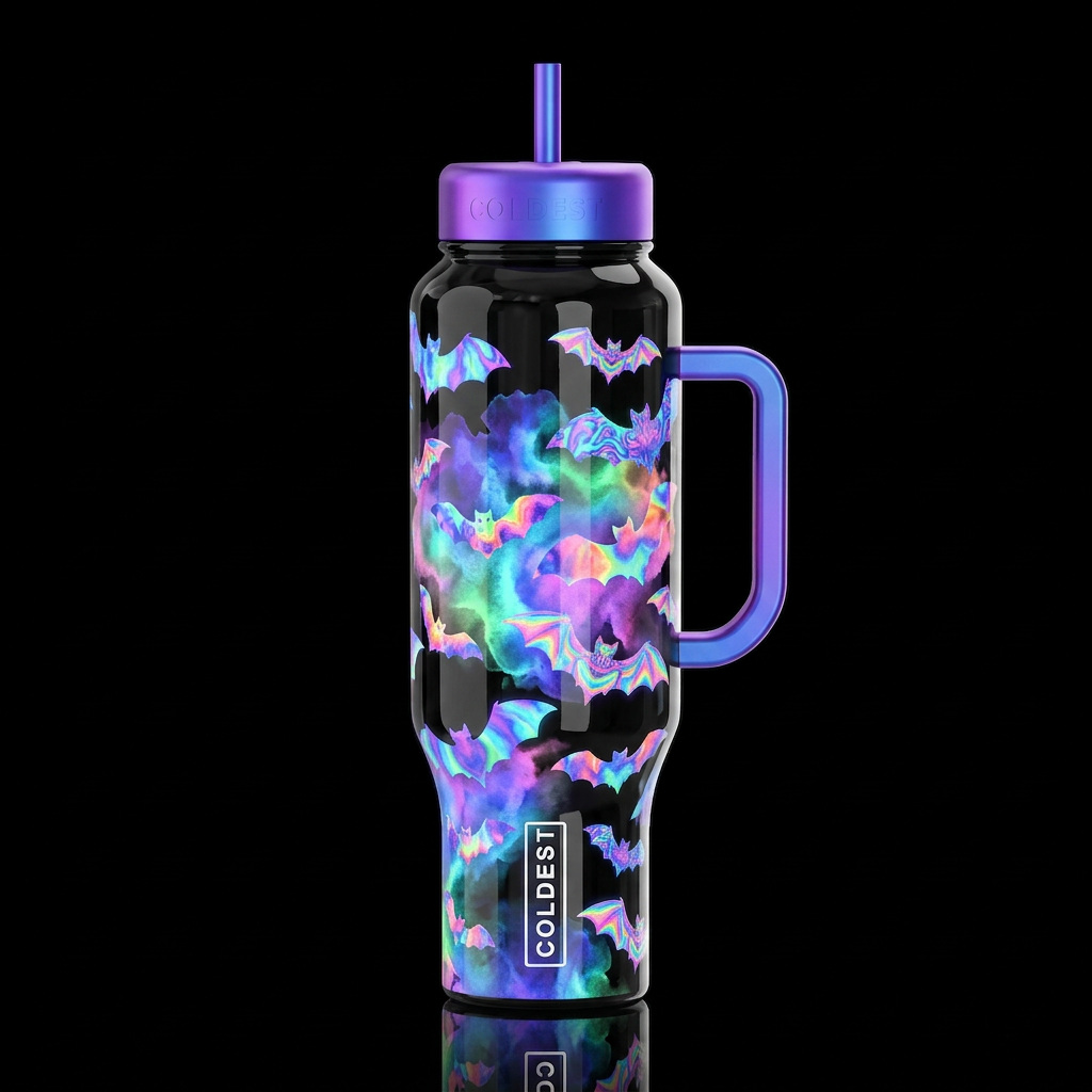 colorful psychedelic bats, irridescent water color... water bottle design