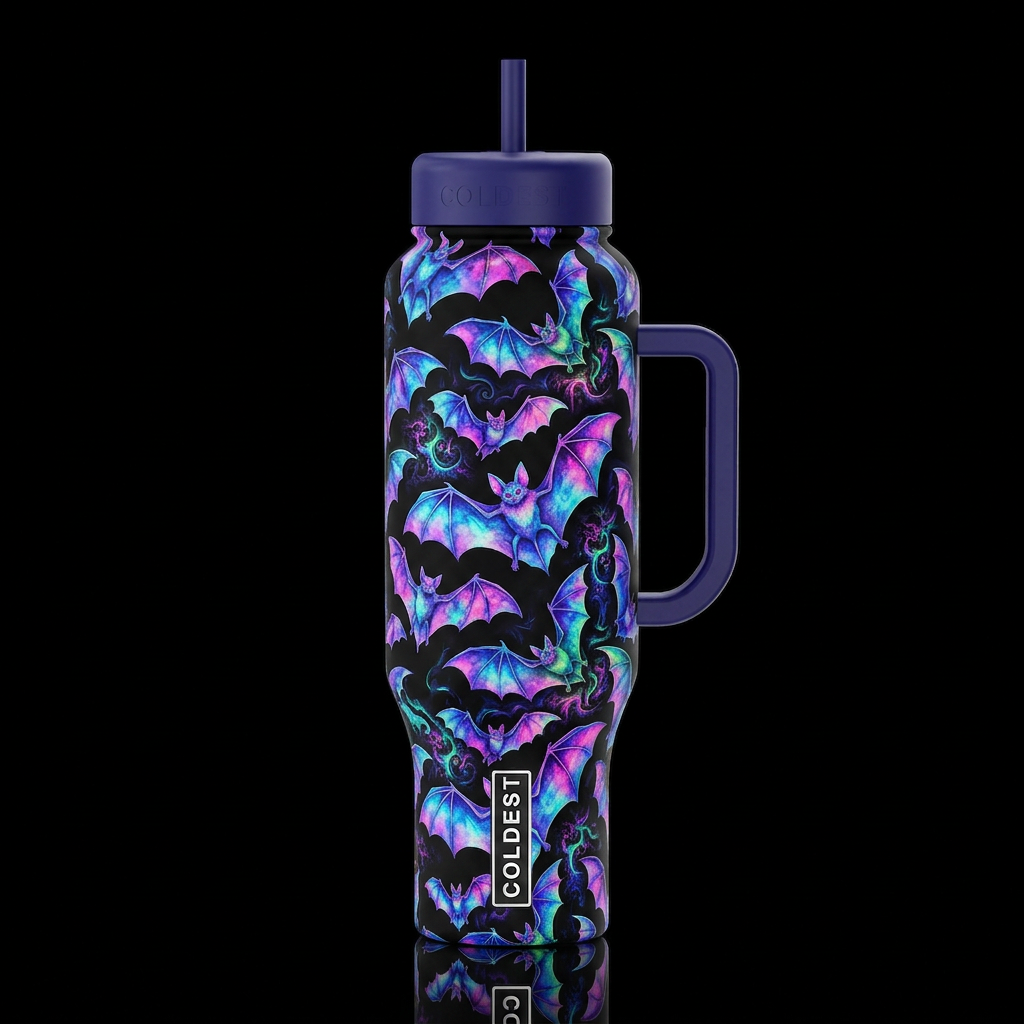 colorful psychedelic bats, irridescent water color... water bottle design