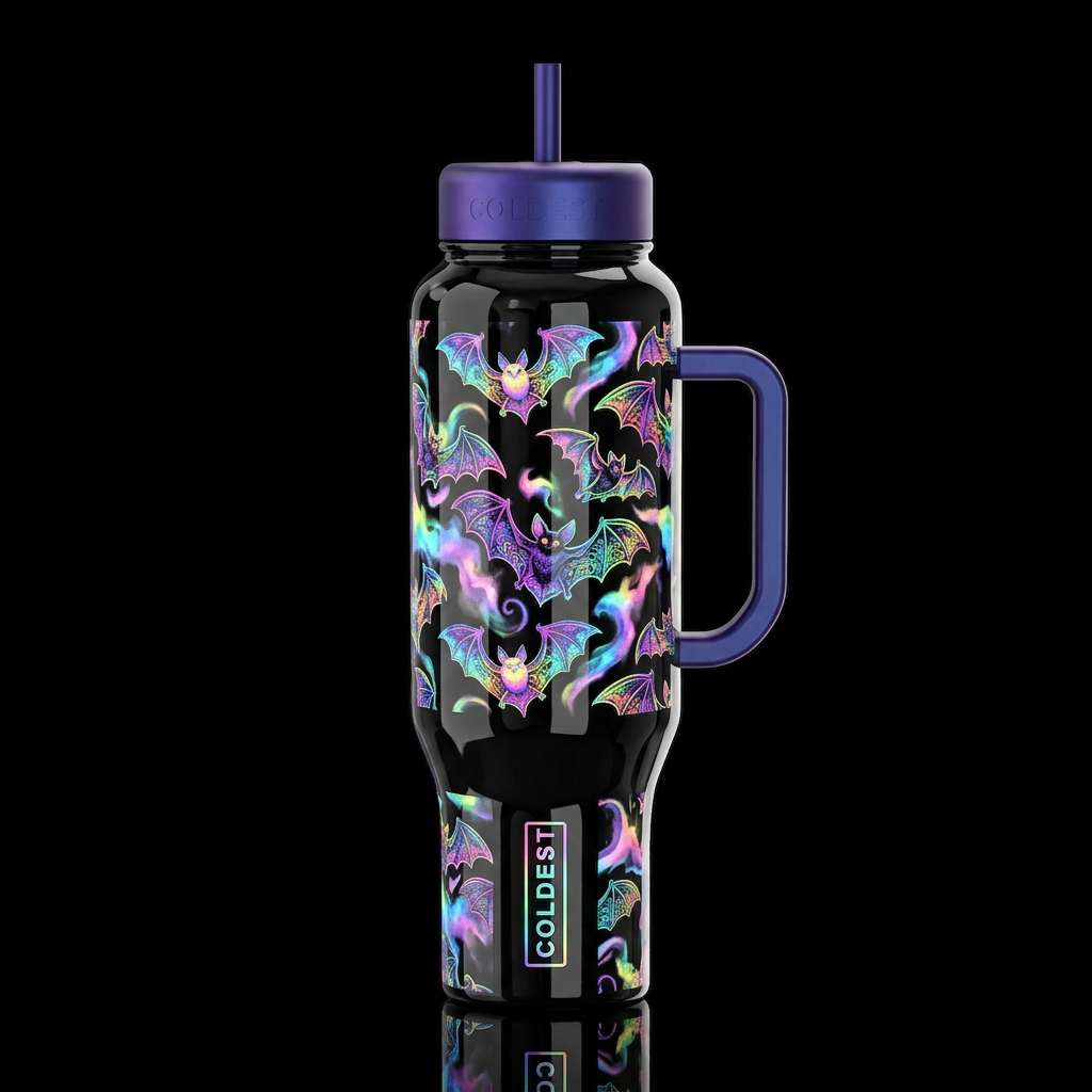 colorful psychedelic bats, irridescent water color... water bottle design