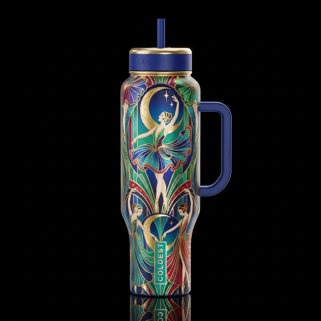 1920's Art Deco Ballerina Moon Maxmalist art inspi... water bottle design