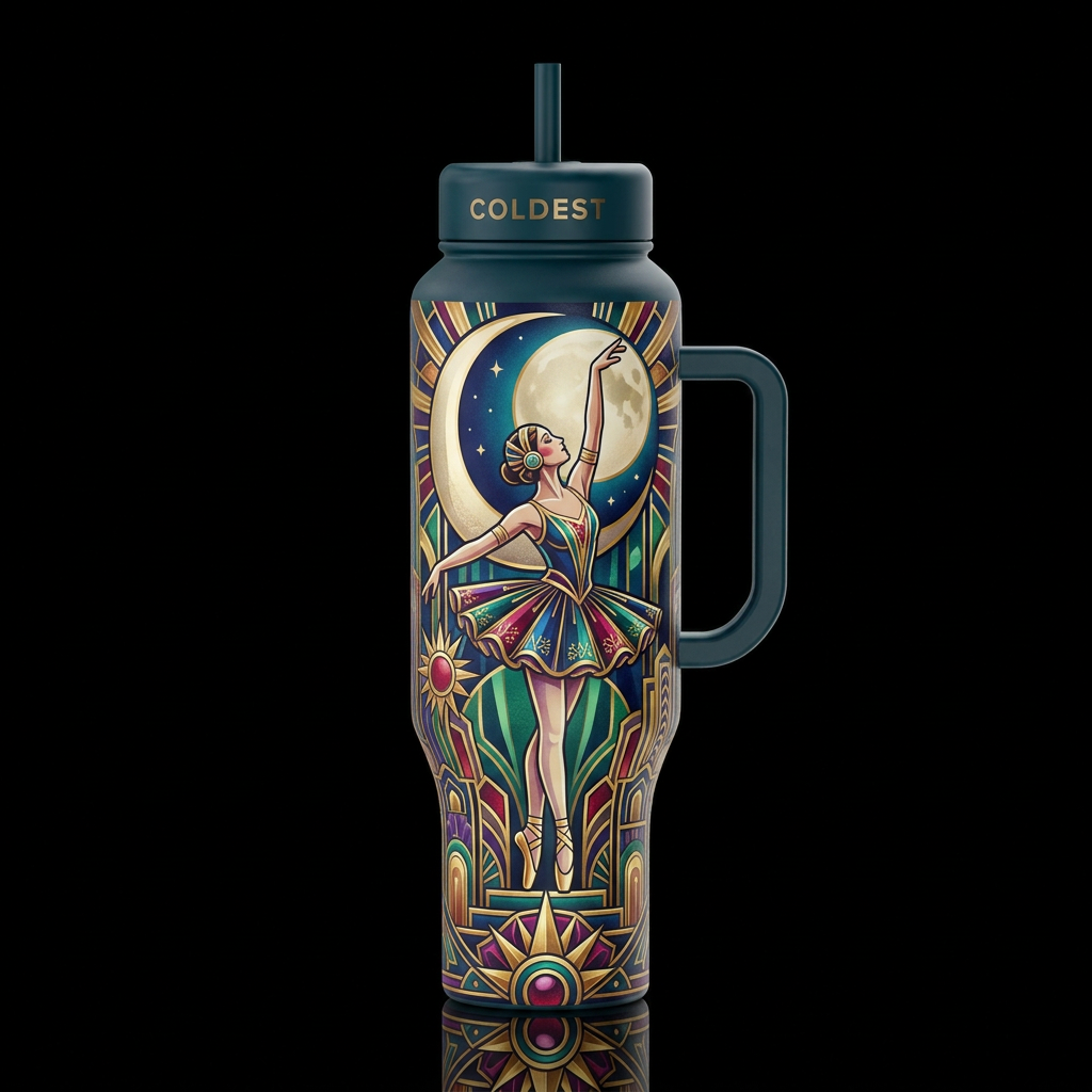 1920's Art Deco Ballerina Moon Maxmalist art inspi... water bottle design