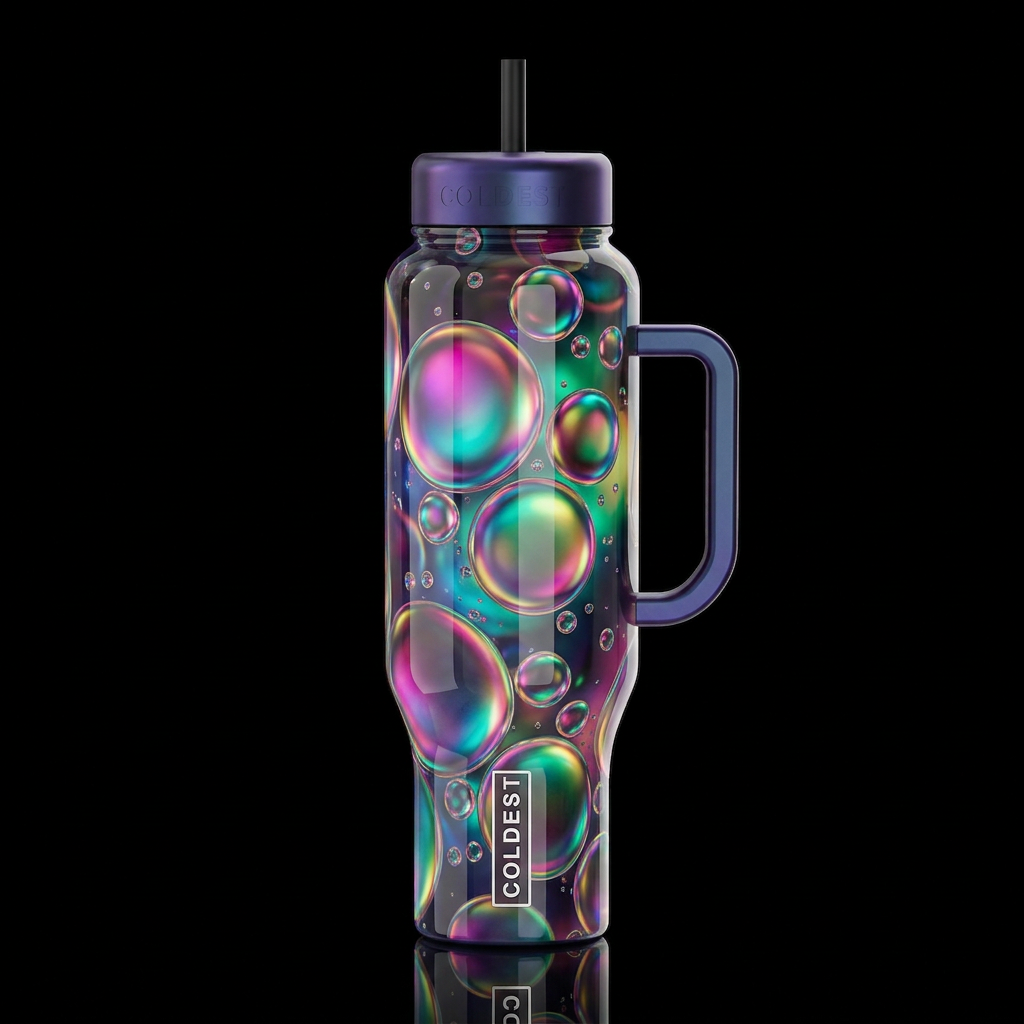 Iridescent Orbs Tempered Glass abstract Fluid Bubb... water bottle design
