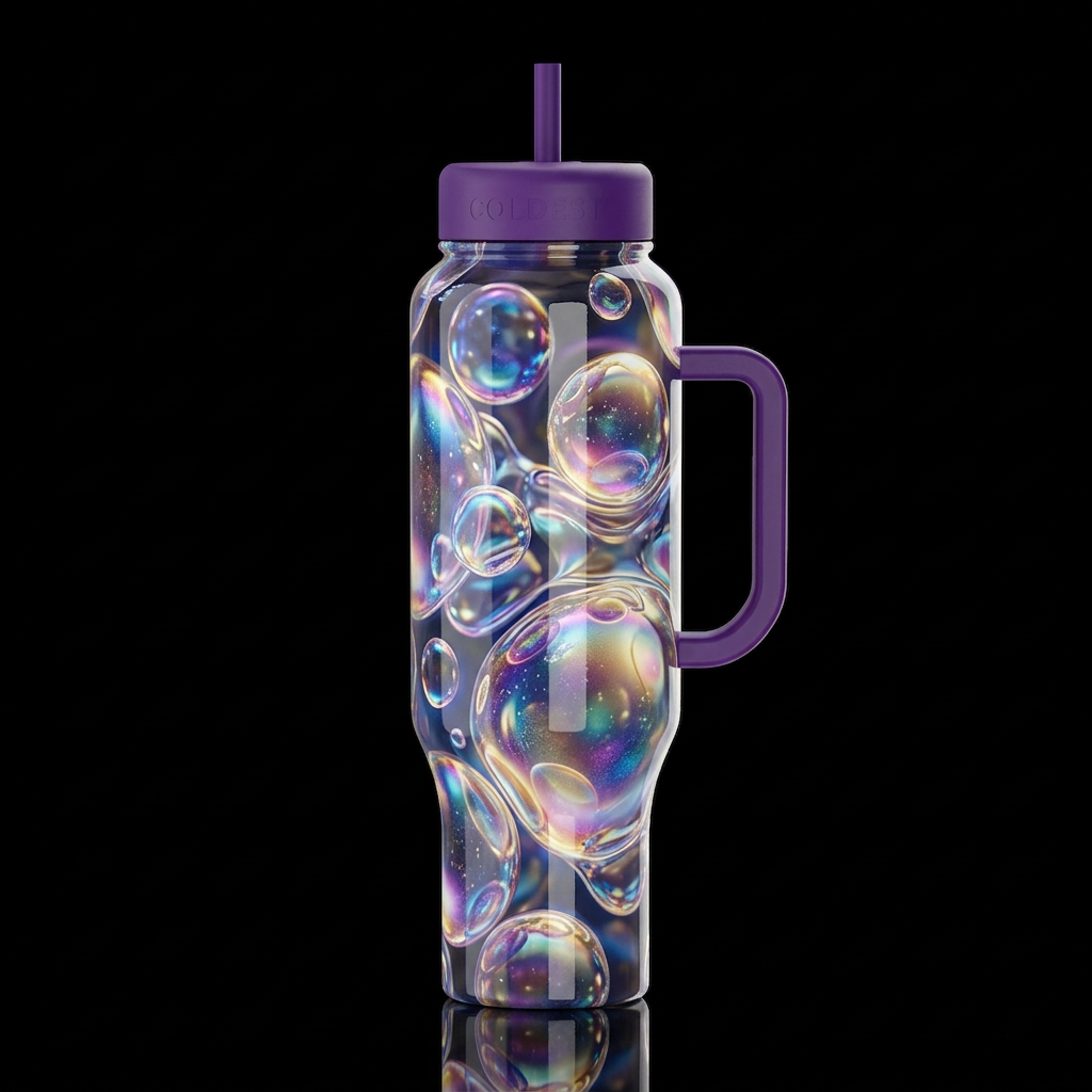 Iridescent Orbs Tempered Glass abstract Fluid Bubb... water bottle design