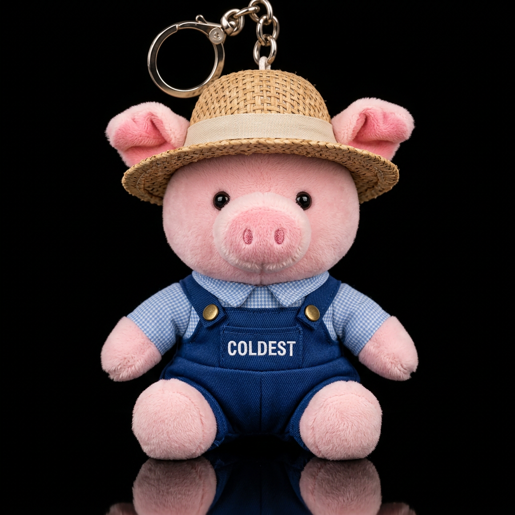 Pink pig in a farmers costume and straw hat water bottle design