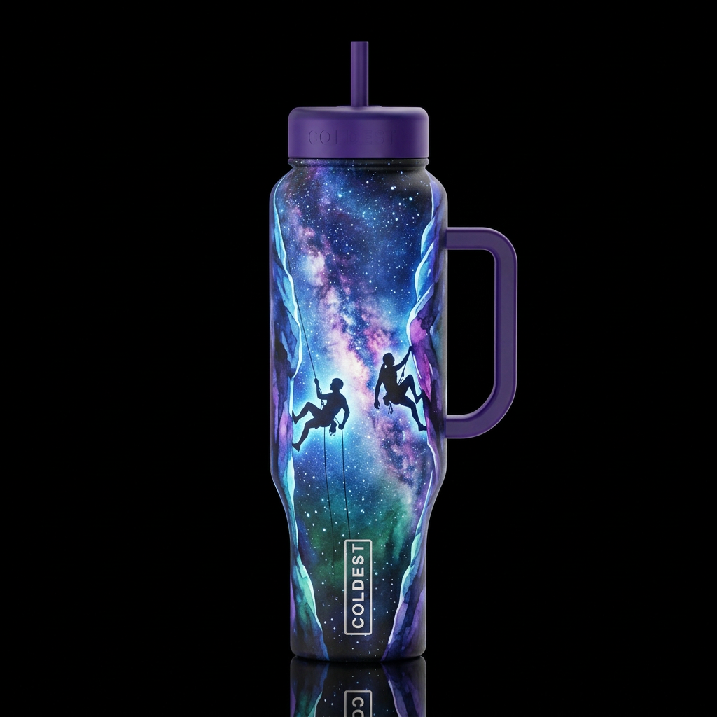 rappelling 2 silhouette rock climbers, climbing be... water bottle design
