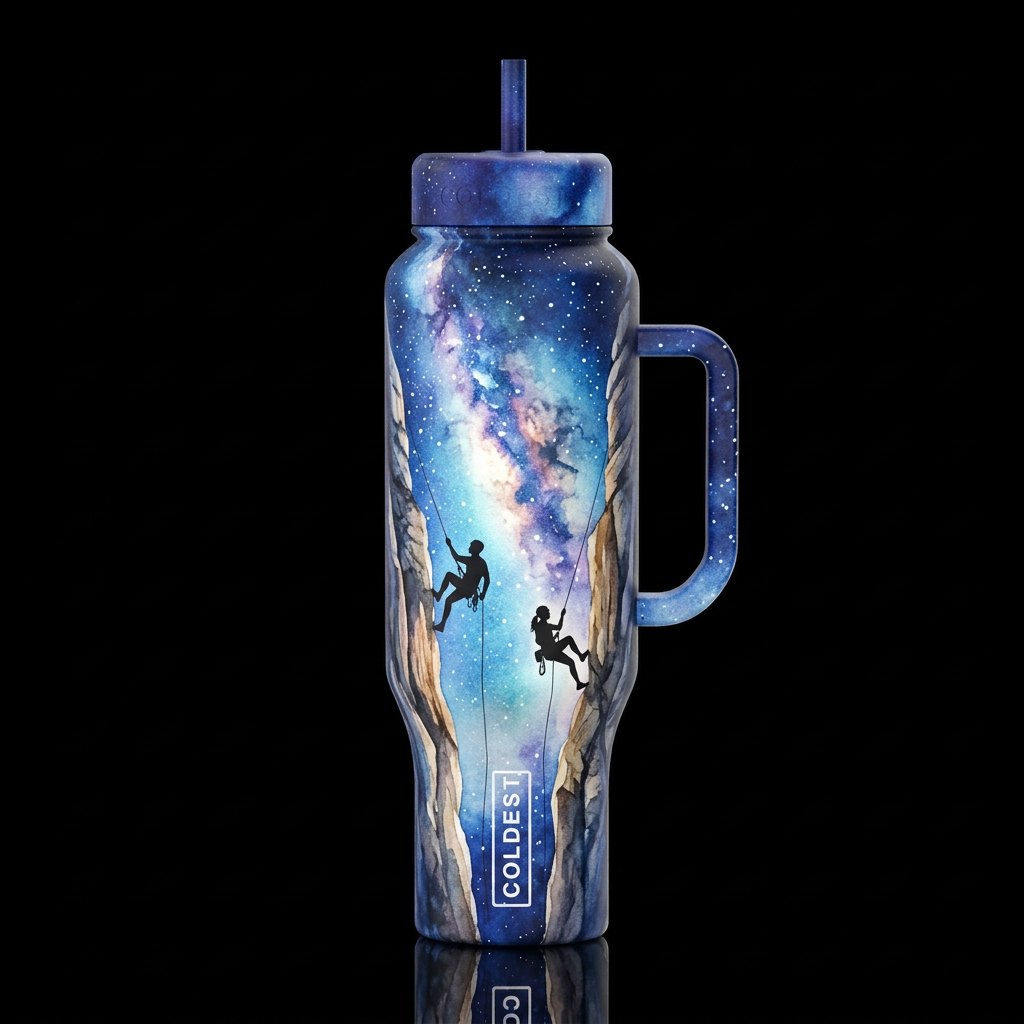 rappelling 2 silhouette rock climbers, climbing be... water bottle design