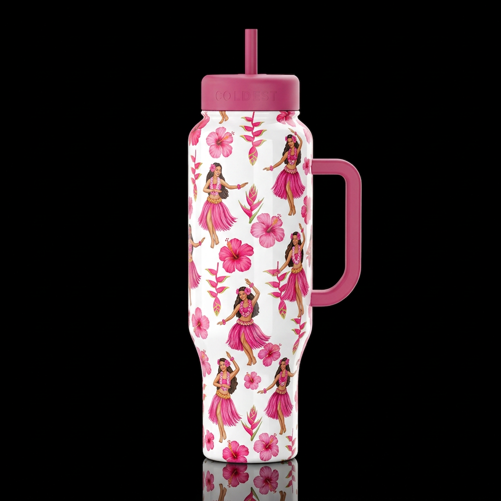 pink floating Hibiscus and Heliconia Hula dancers ... water bottle design