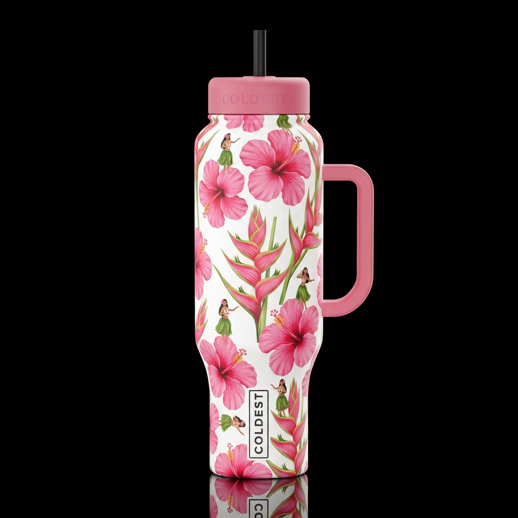pink floating Hibiscus and Heliconia Hula dancers ... water bottle design