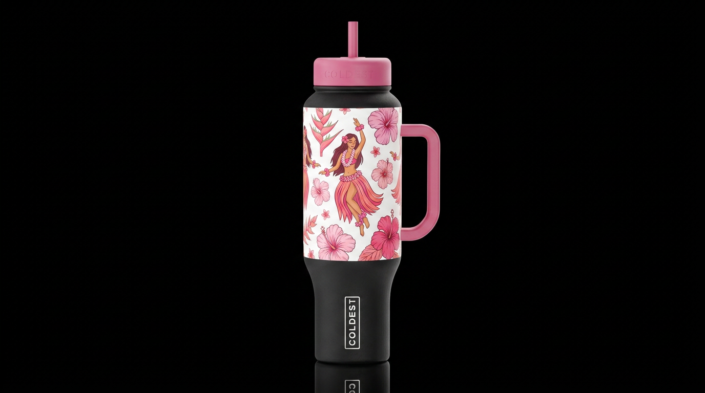 pink floating Hibiscus and Heliconia Hula dancers ... water bottle design