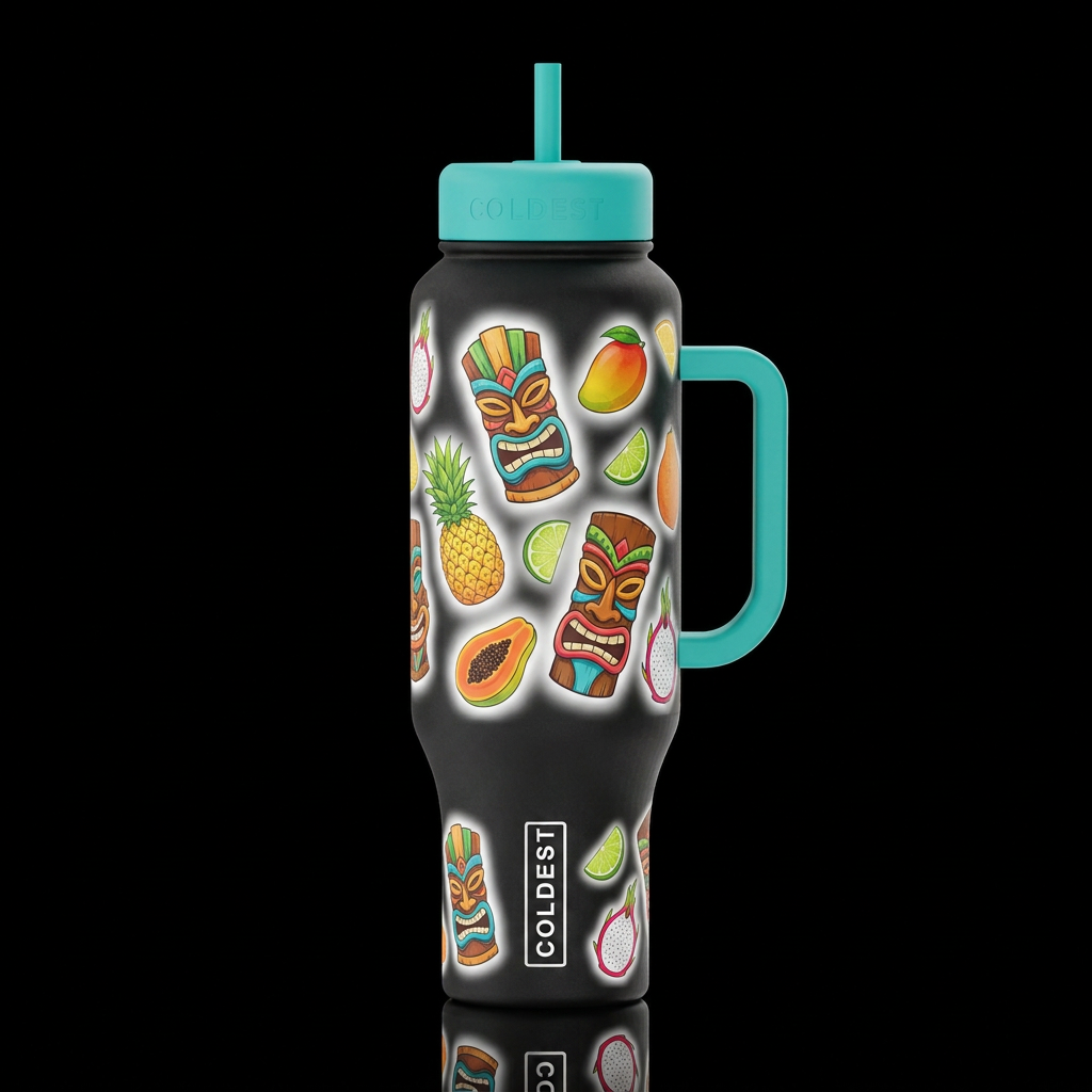 colorful floating Tiki's and floating tropical fru... water bottle design