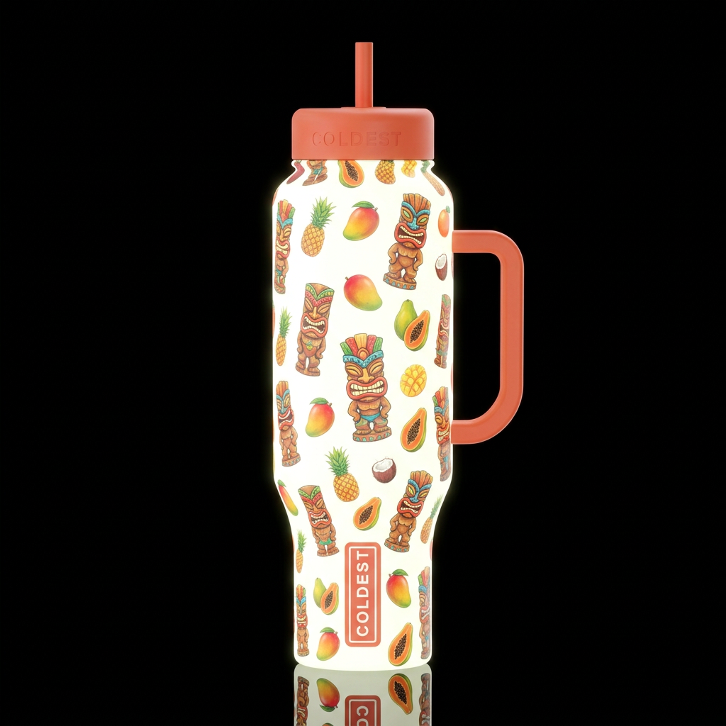 colorful floating Tiki's and floating tropical fru... water bottle design