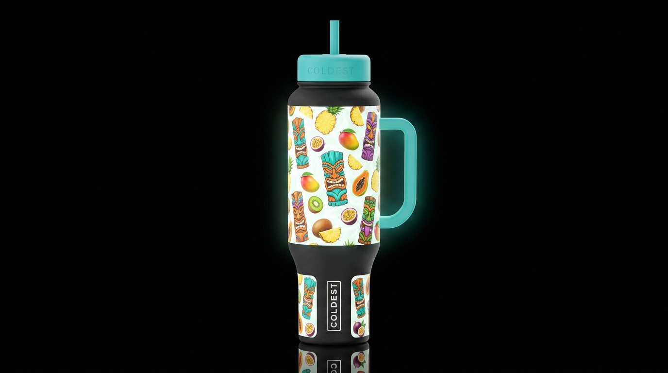 colorful floating Tiki's and floating tropical fru... water bottle design