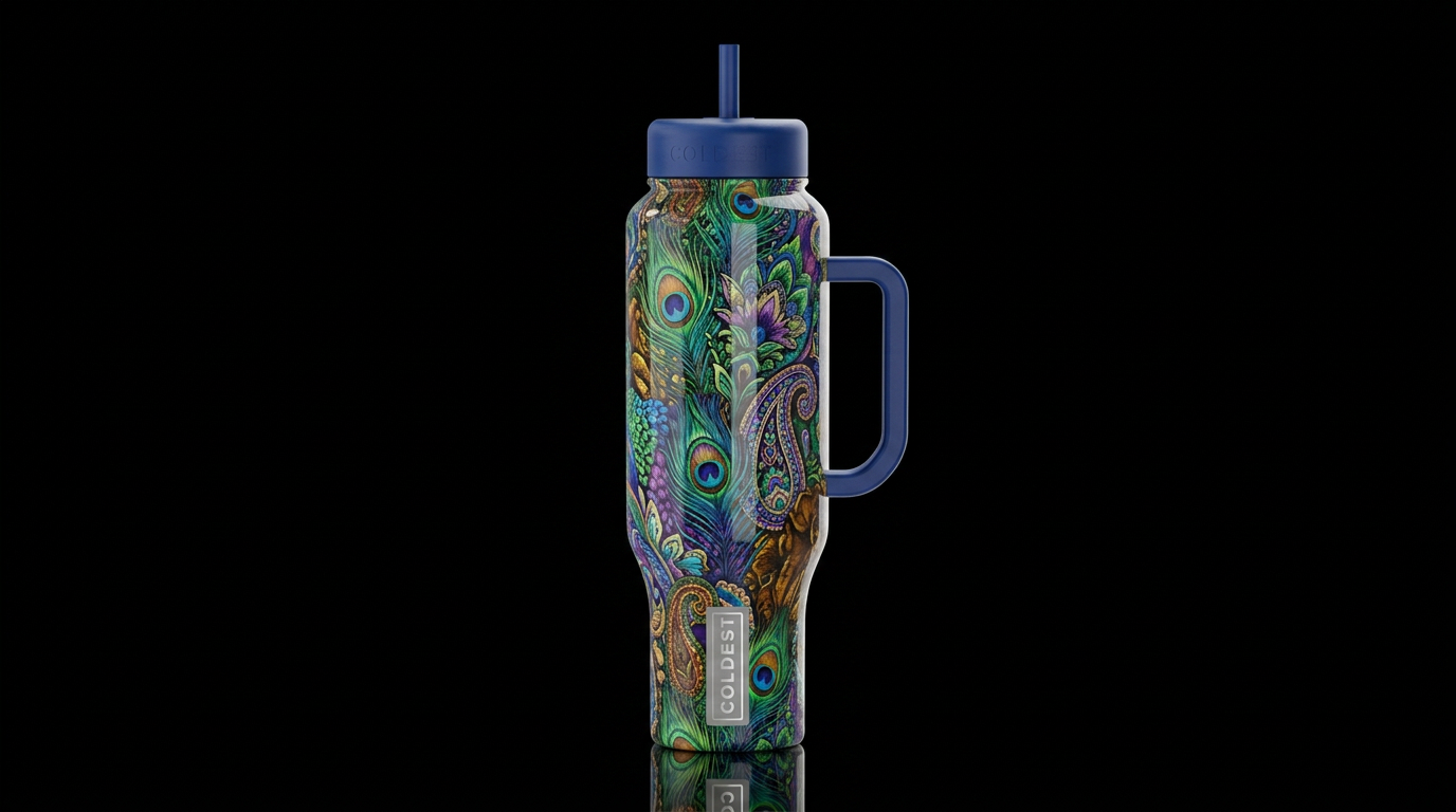colorful paisley peacock abstract, vibrant, realis... water bottle design