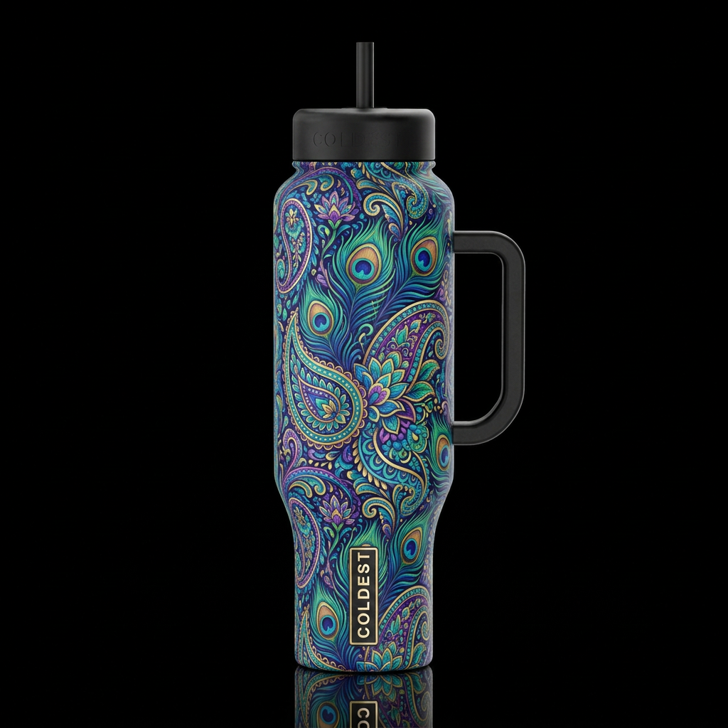 colorful paisley peacock abstract, vibrant, realis... water bottle design