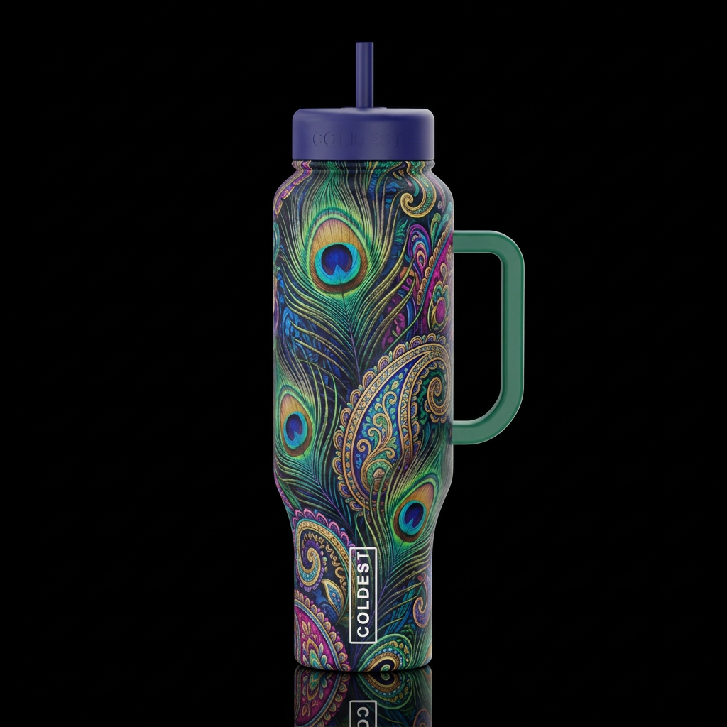 colorful paisley peacock abstract, vibrant, realis... water bottle design