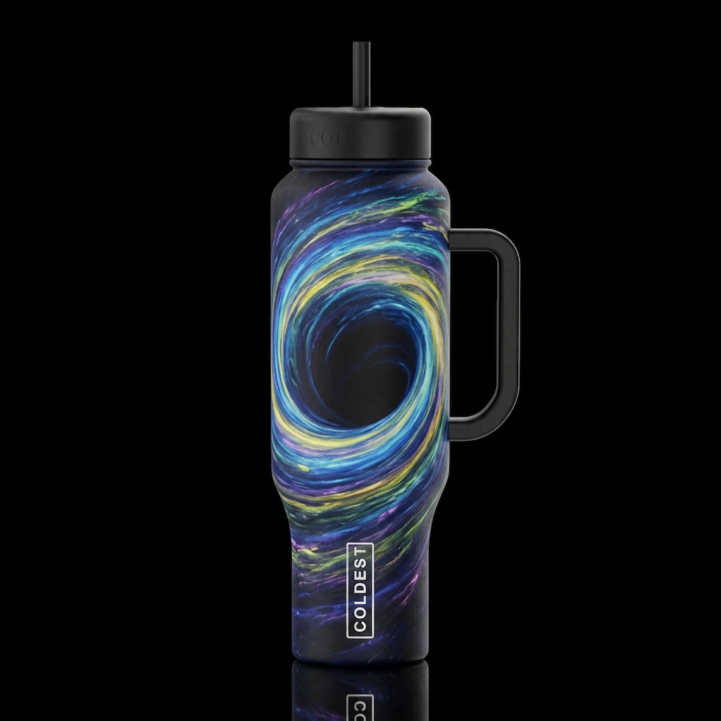 Black Hole, event horizon with blue yellow green p... water bottle design