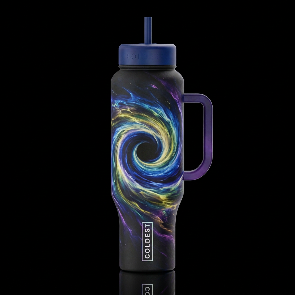 Black Hole, event horizon with blue yellow green p... water bottle design