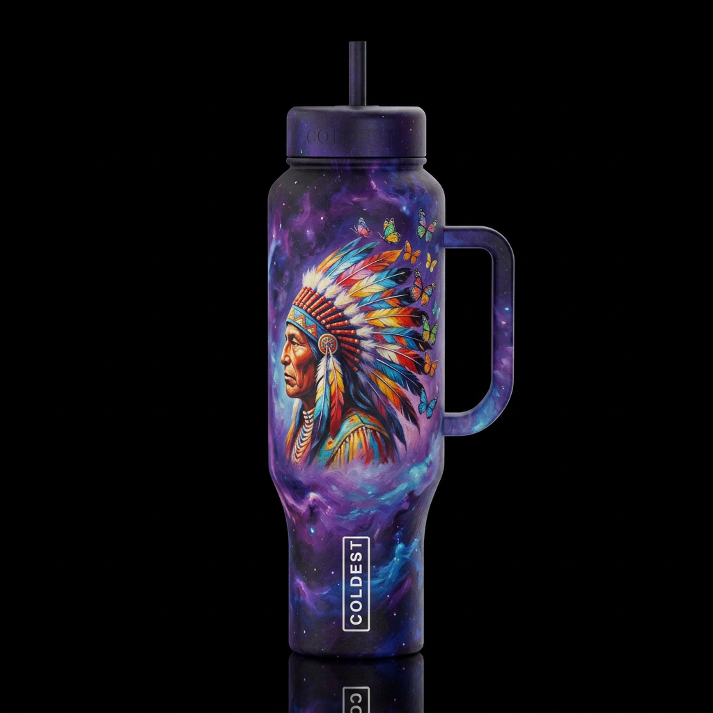 a side profile of a native American with a colorfu... water bottle design