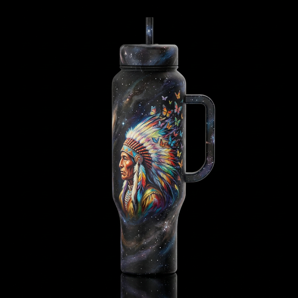 a side profile of a native American with a colorfu... water bottle design