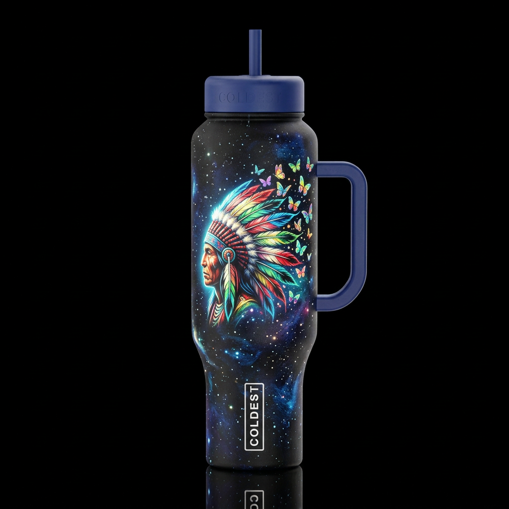 a side profile of a native American with a colorfu... water bottle design
