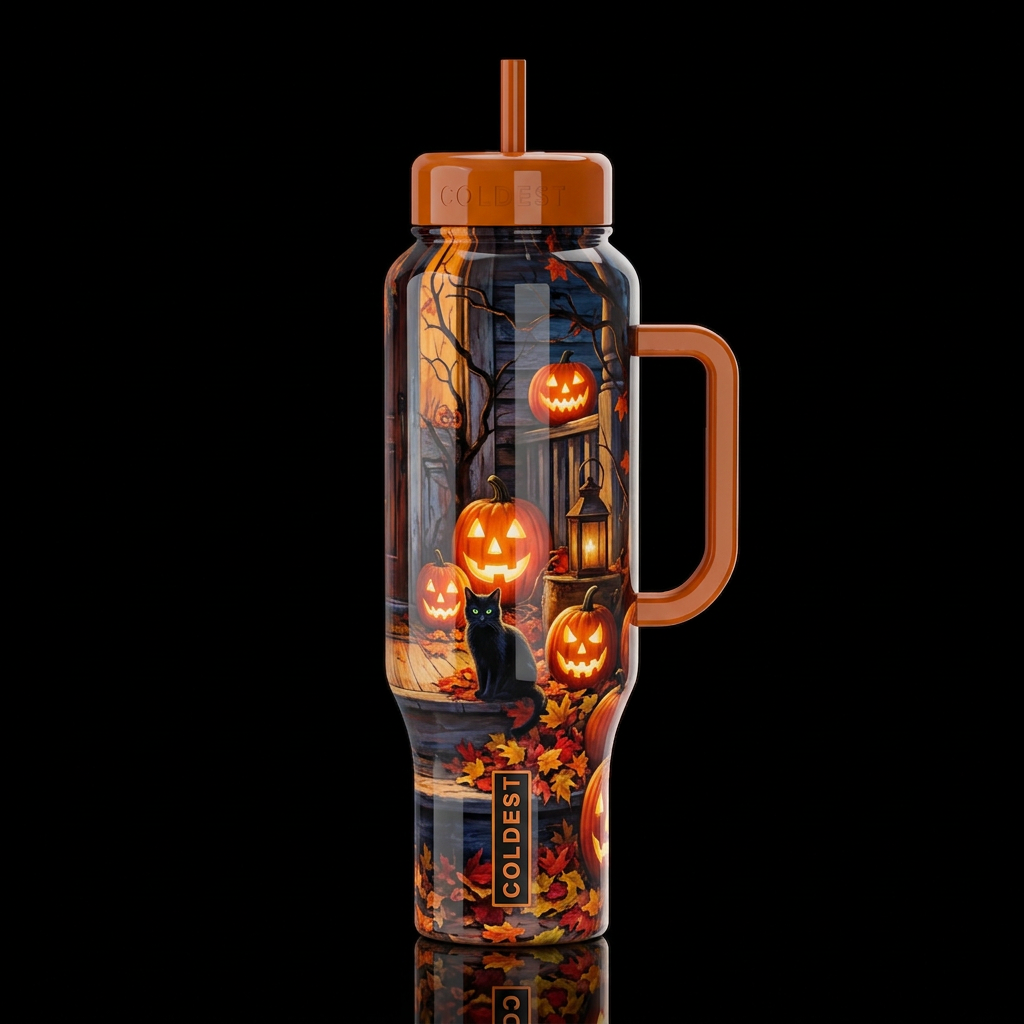 glowie spooky Jack o lanterns porch scene fall lea... water bottle design