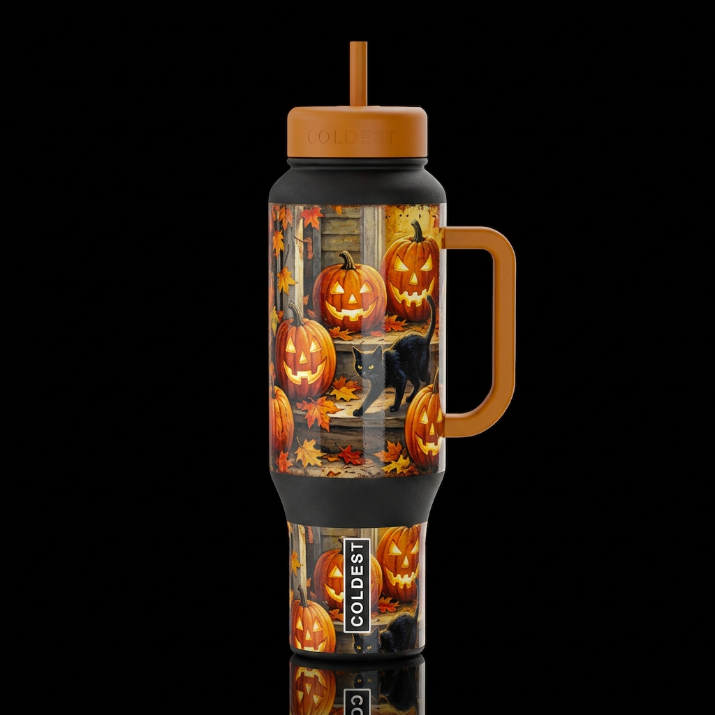 glowie spooky Jack o lanterns porch scene fall lea... water bottle design