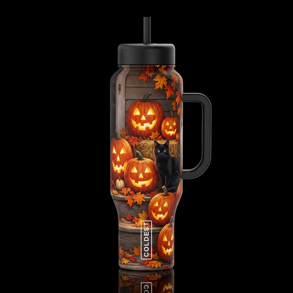 glowie spooky Jack o lanterns porch scene fall lea... water bottle design