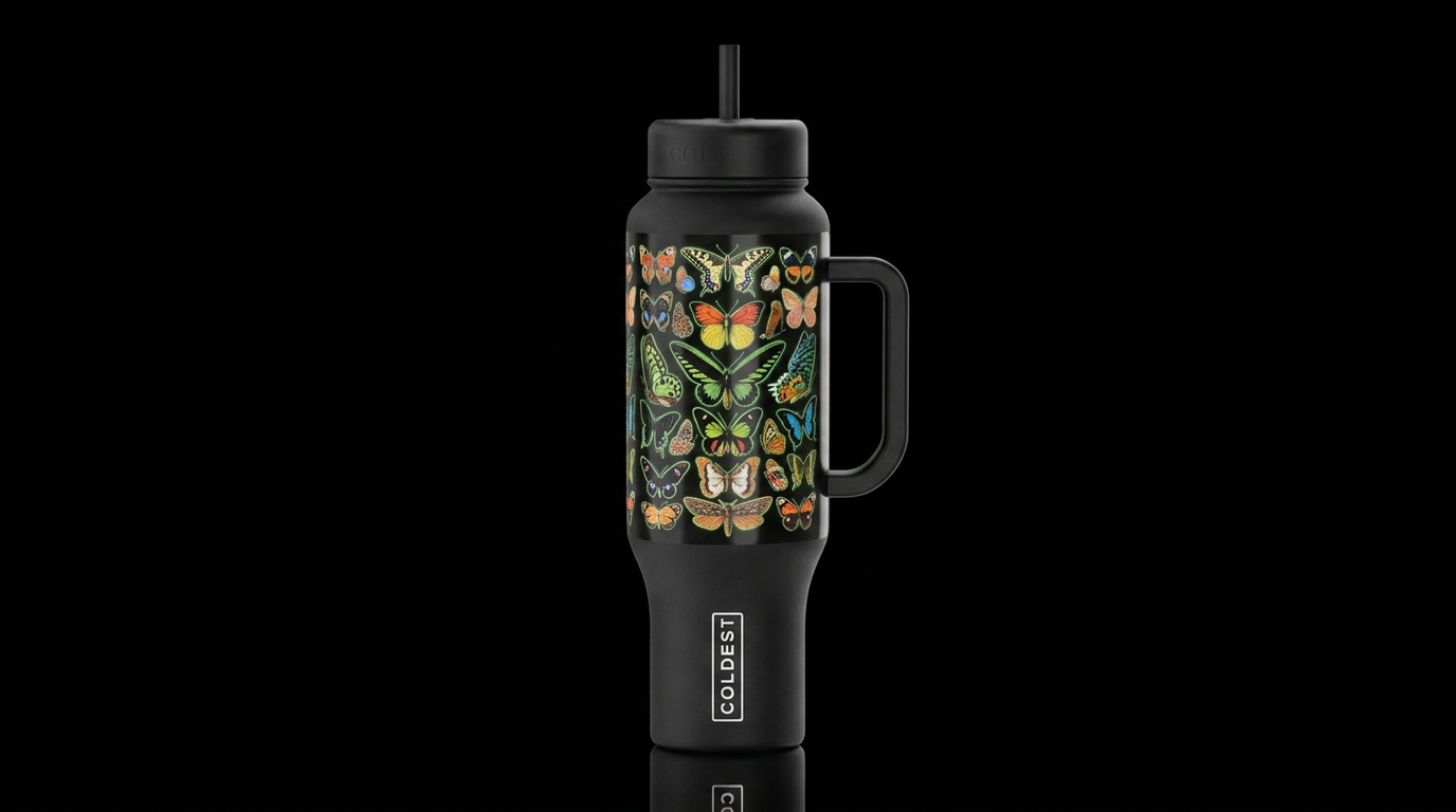 colorful graphic butterfly's Taxonomy ll on a blac... water bottle design