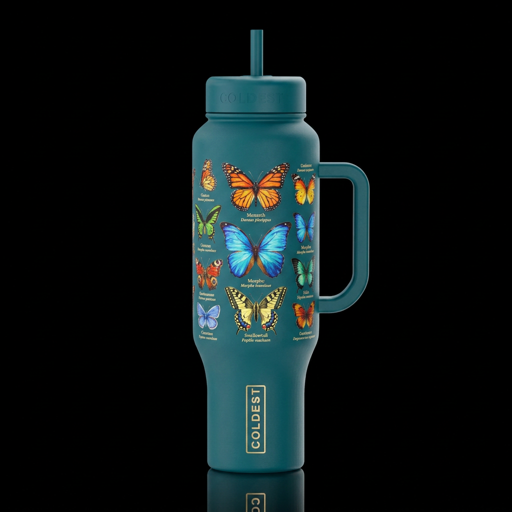 colorful graphic butterfly's Taxonomy ll on a blac... water bottle design