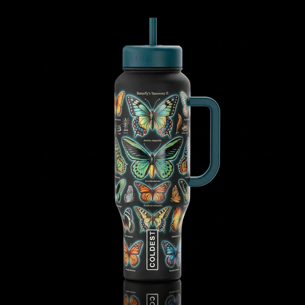 colorful graphic butterfly's Taxonomy ll on a blac... water bottle design