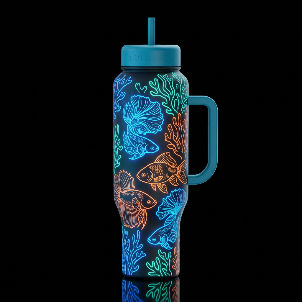 glowie neon blue teal orange, betta fish gold fish... water bottle design