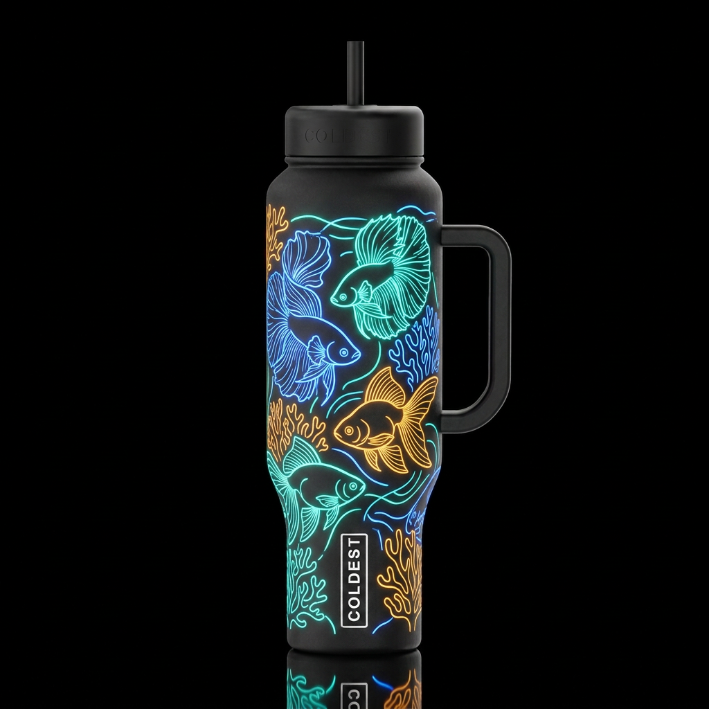 glowie neon blue teal orange, betta fish gold fish... water bottle design