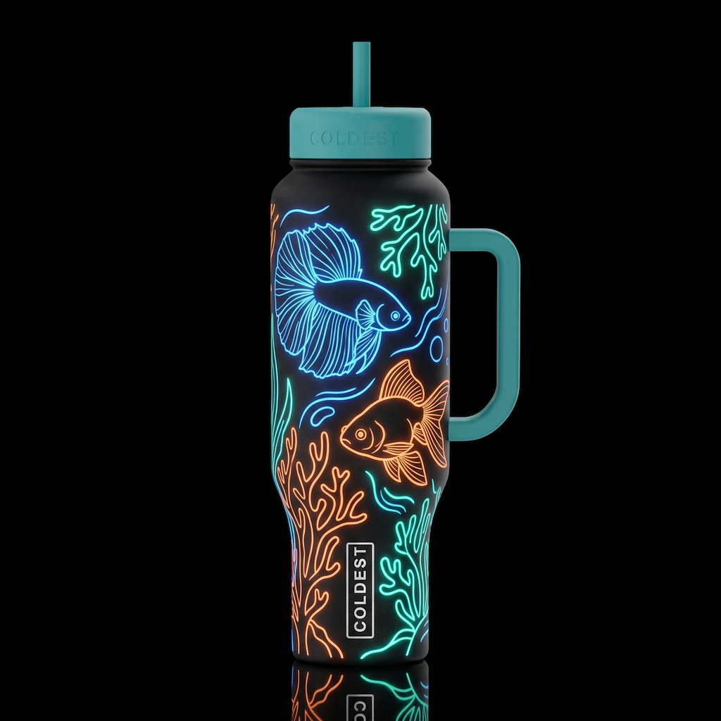 glowie neon blue teal orange, betta fish gold fish... water bottle design