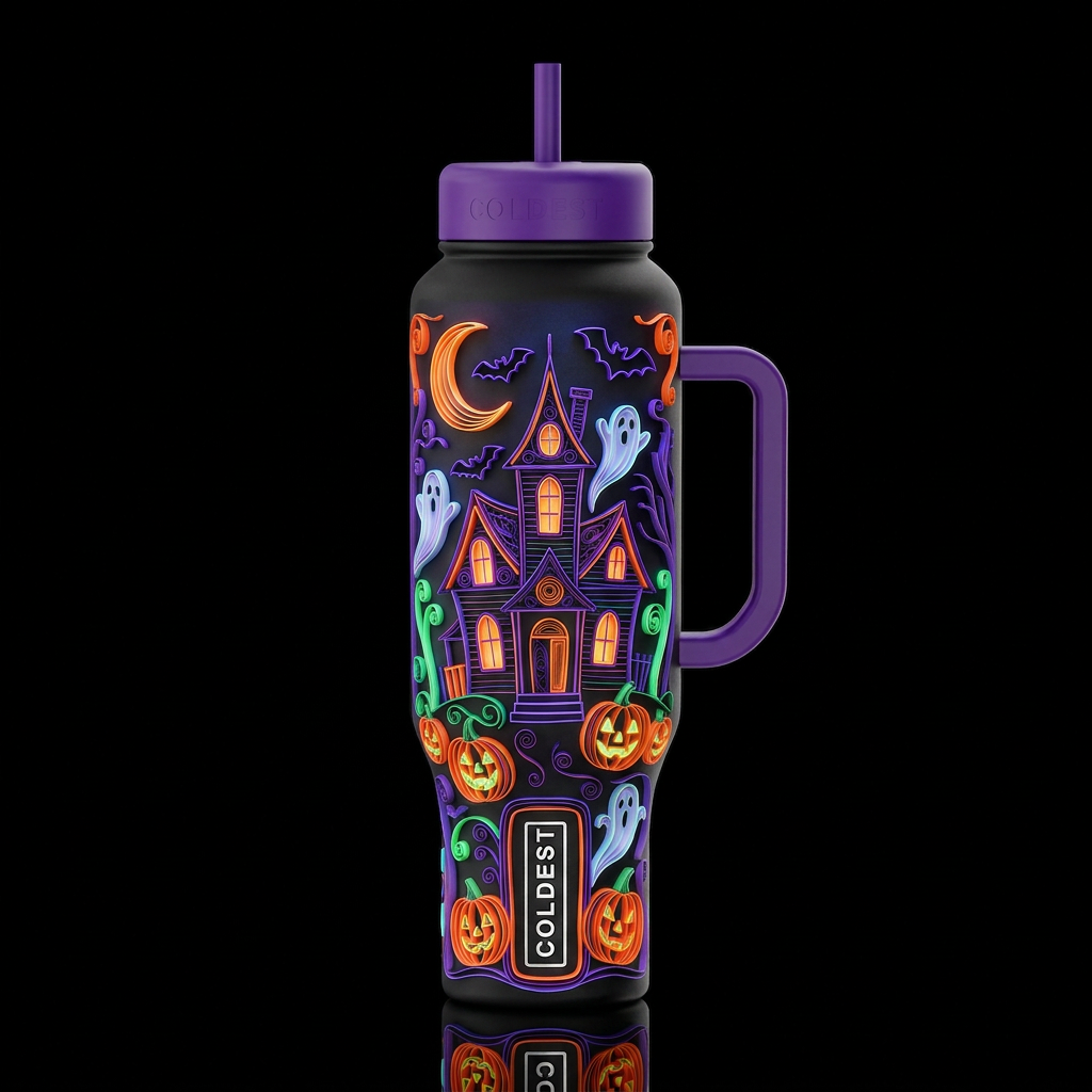 Quilled Halloween haunted house ghosts bats moon j... water bottle design