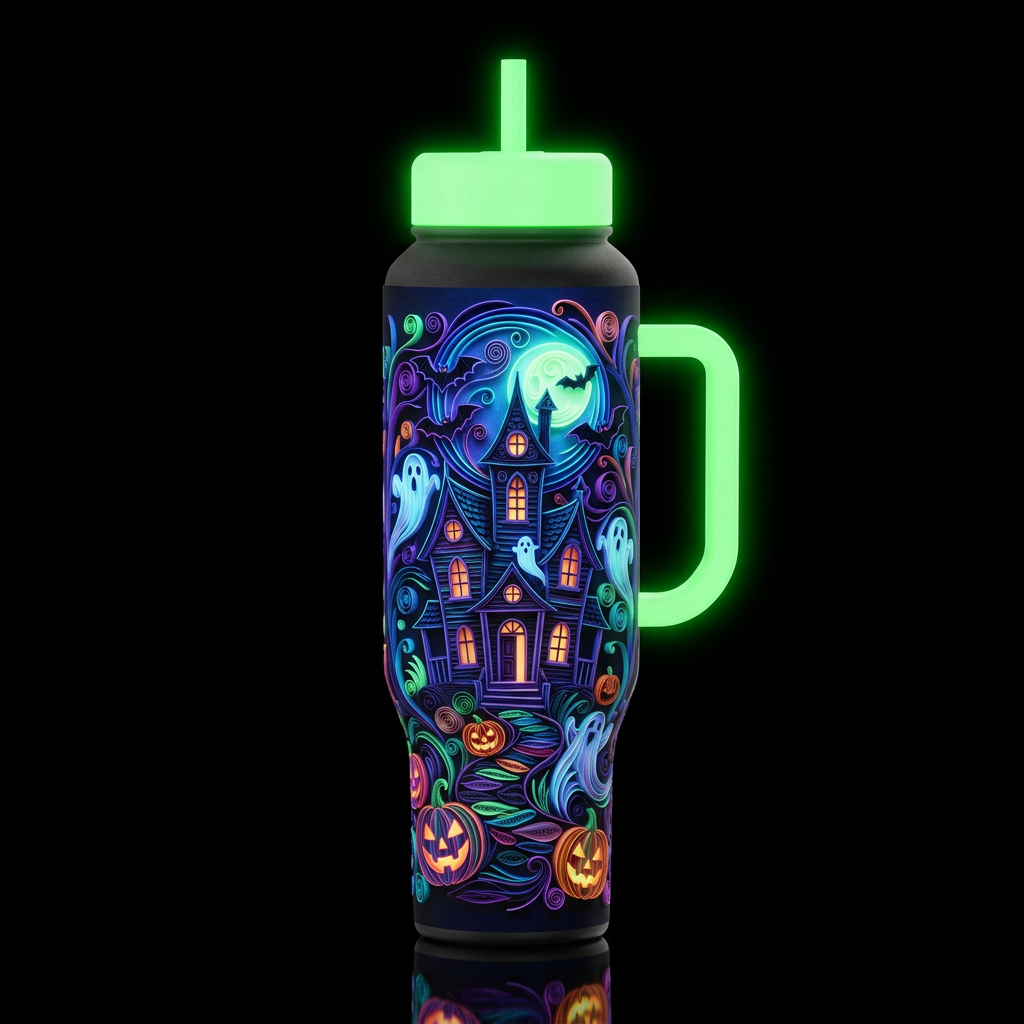 Quilled Halloween haunted house ghosts bats moon j... water bottle design