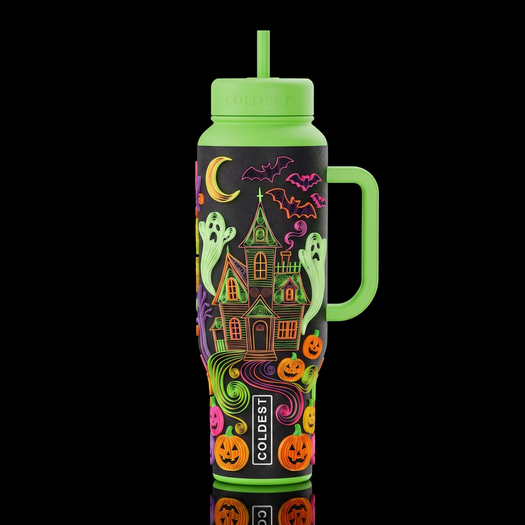 Quilled Halloween haunted house ghosts bats moon j... water bottle design