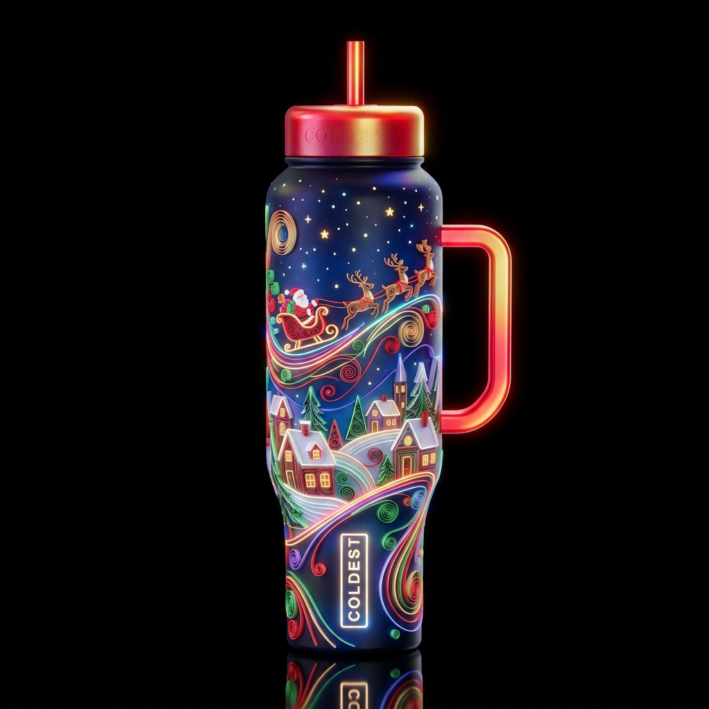 Quilled, whimsical night before Christmas landscap... water bottle design
