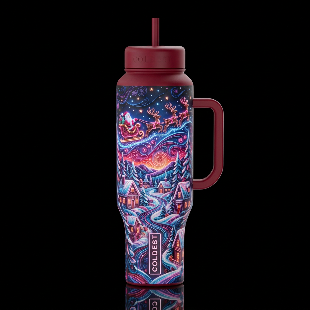Quilled, whimsical night before Christmas landscap... water bottle design