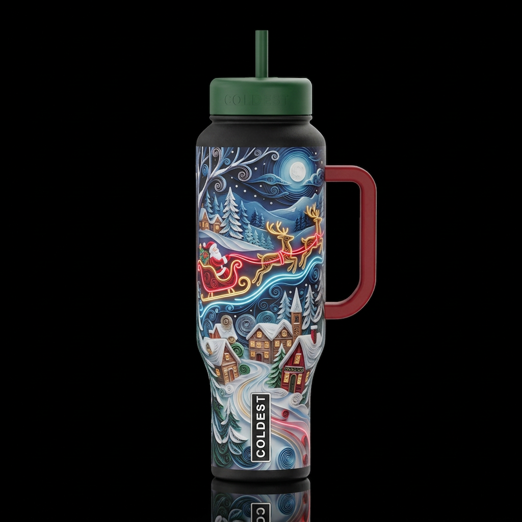 Quilled, whimsical night before Christmas landscap... water bottle design