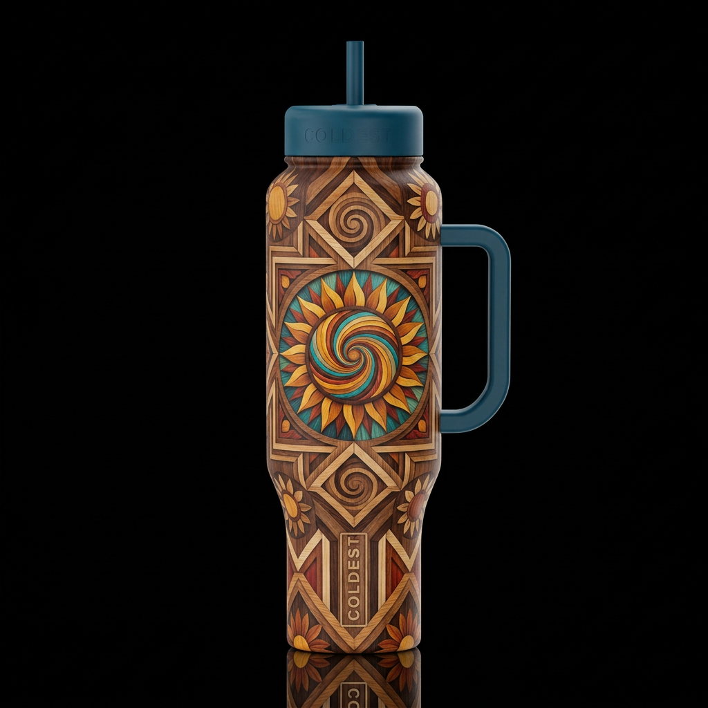 sun floral spiral geometric layered wooden grain water bottle design