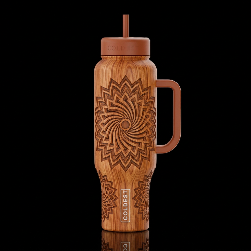 sun floral spiral geometric layered wooden grain water bottle design