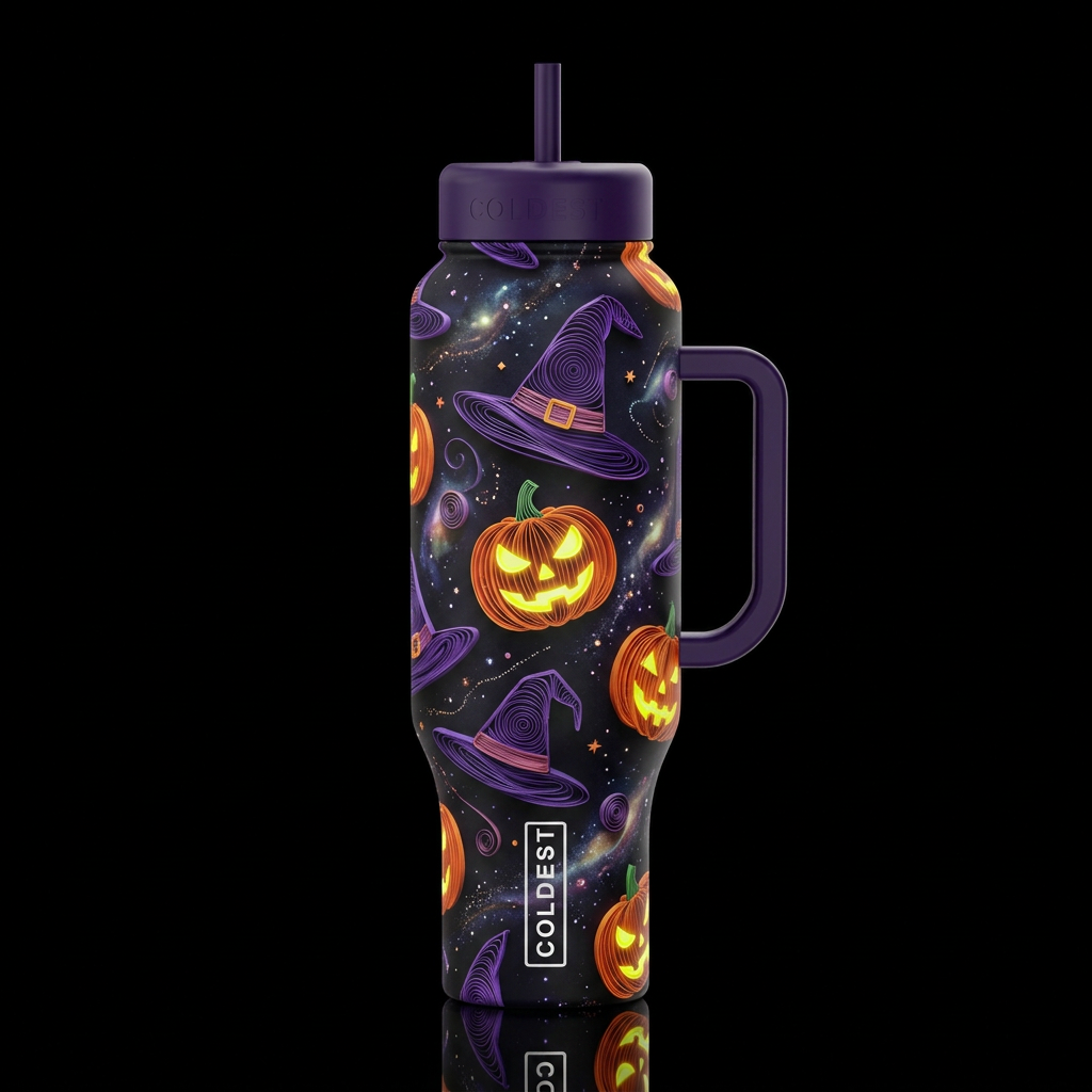 Quilled Halloween floating purple witch hats orang... water bottle design