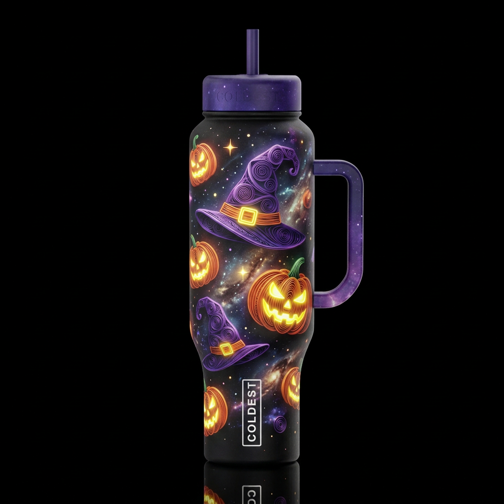 Quilled Halloween floating purple witch hats orang... water bottle design