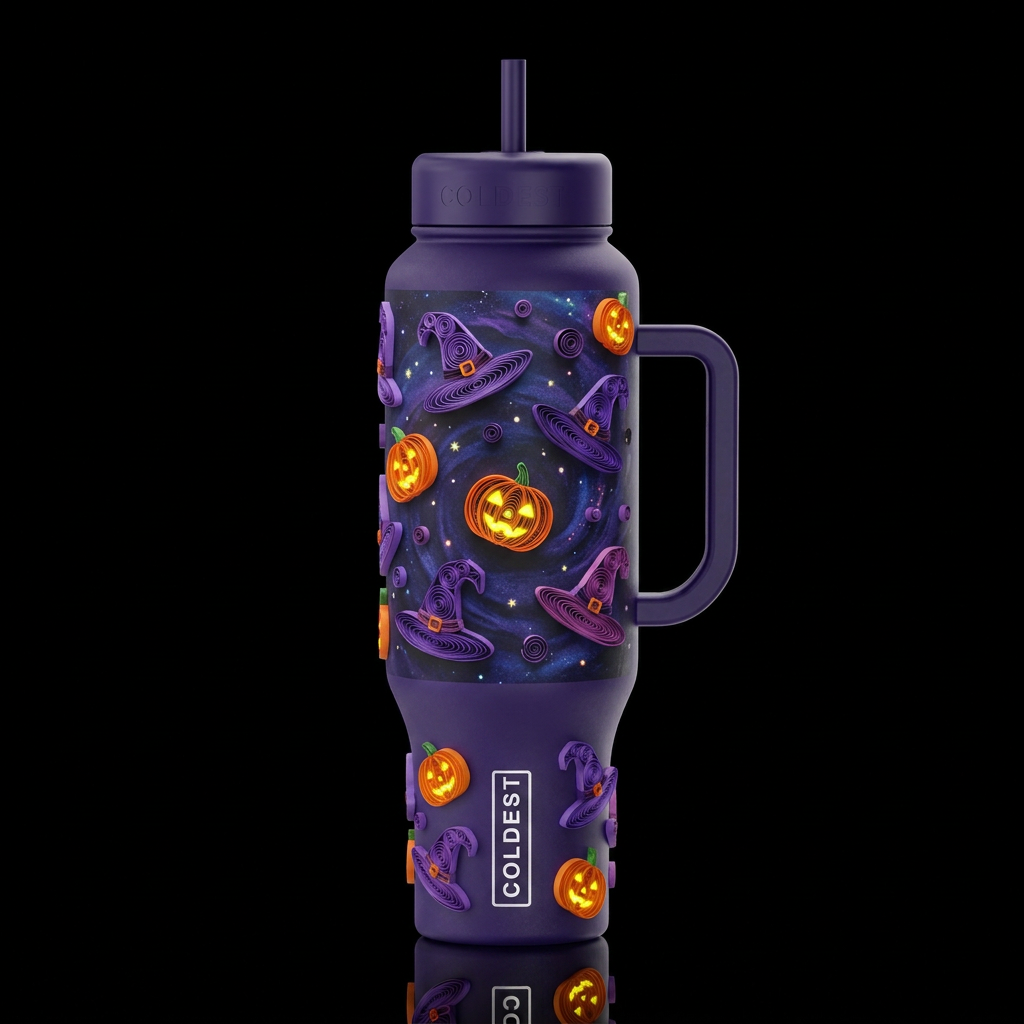 Quilled Halloween floating purple witch hats orang... water bottle design