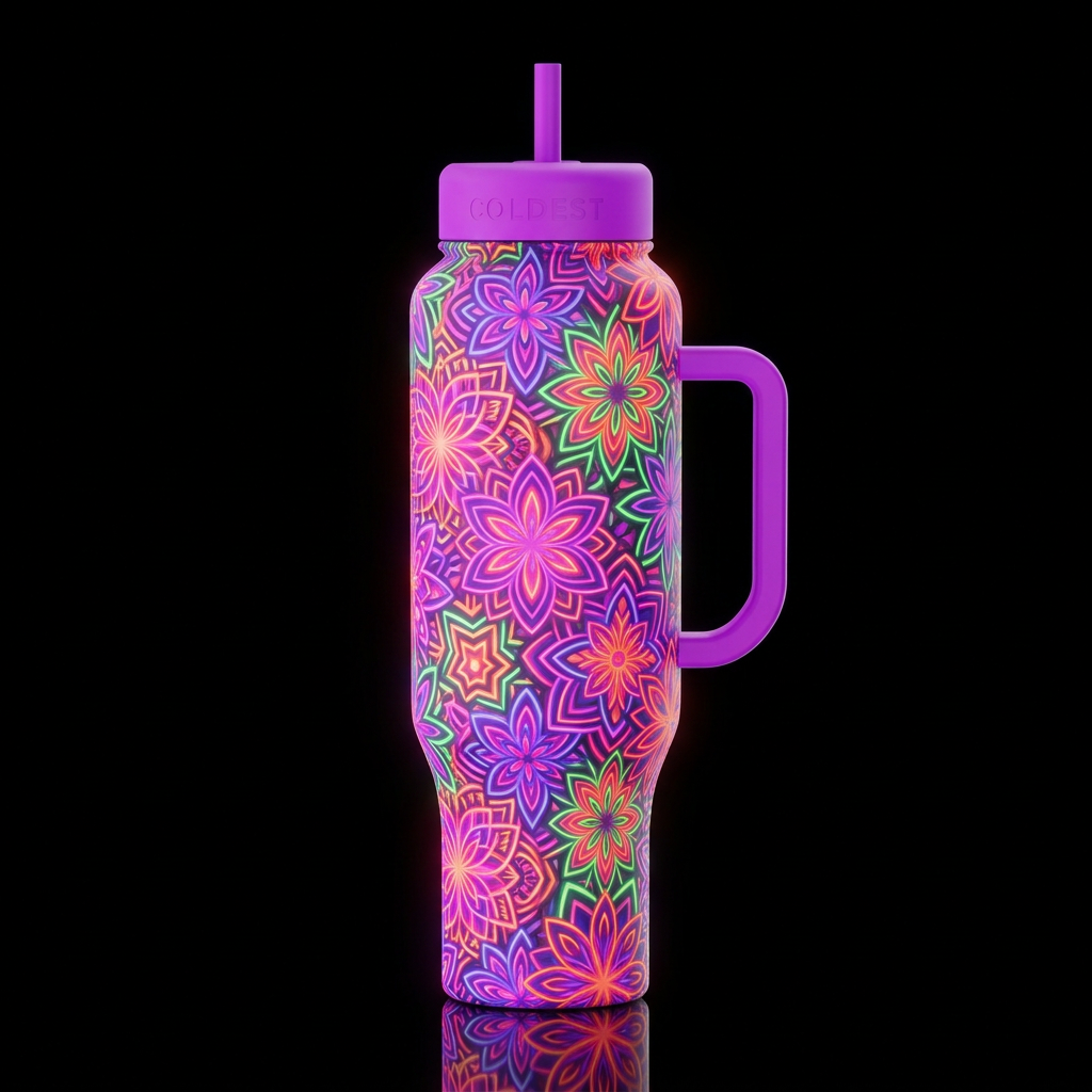 neon glowie, whimsical, maximalist bold Geometric ... water bottle design