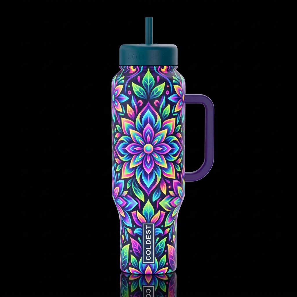neon glowie, whimsical, maximalist bold Geometric ... water bottle design